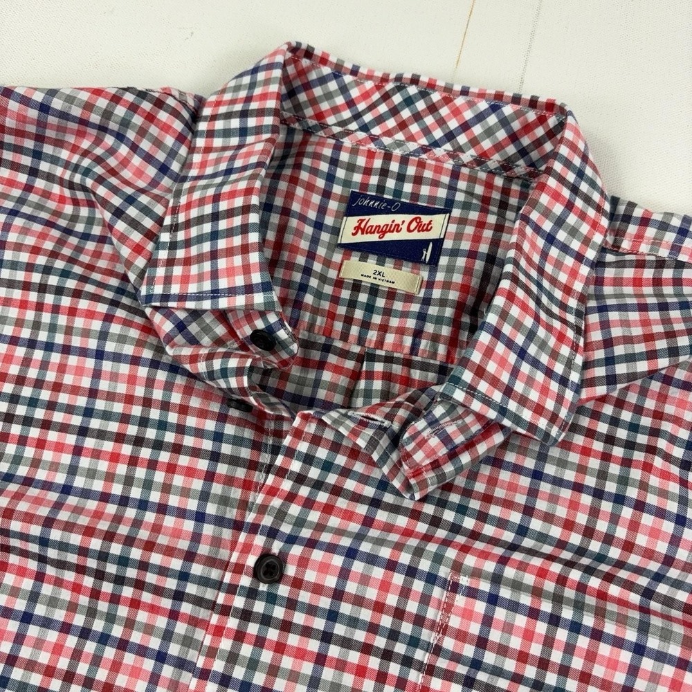 Johnnie-O Shirt Mens 2XL Red Blue Check Long Sleeve Button Up Stretch Casual